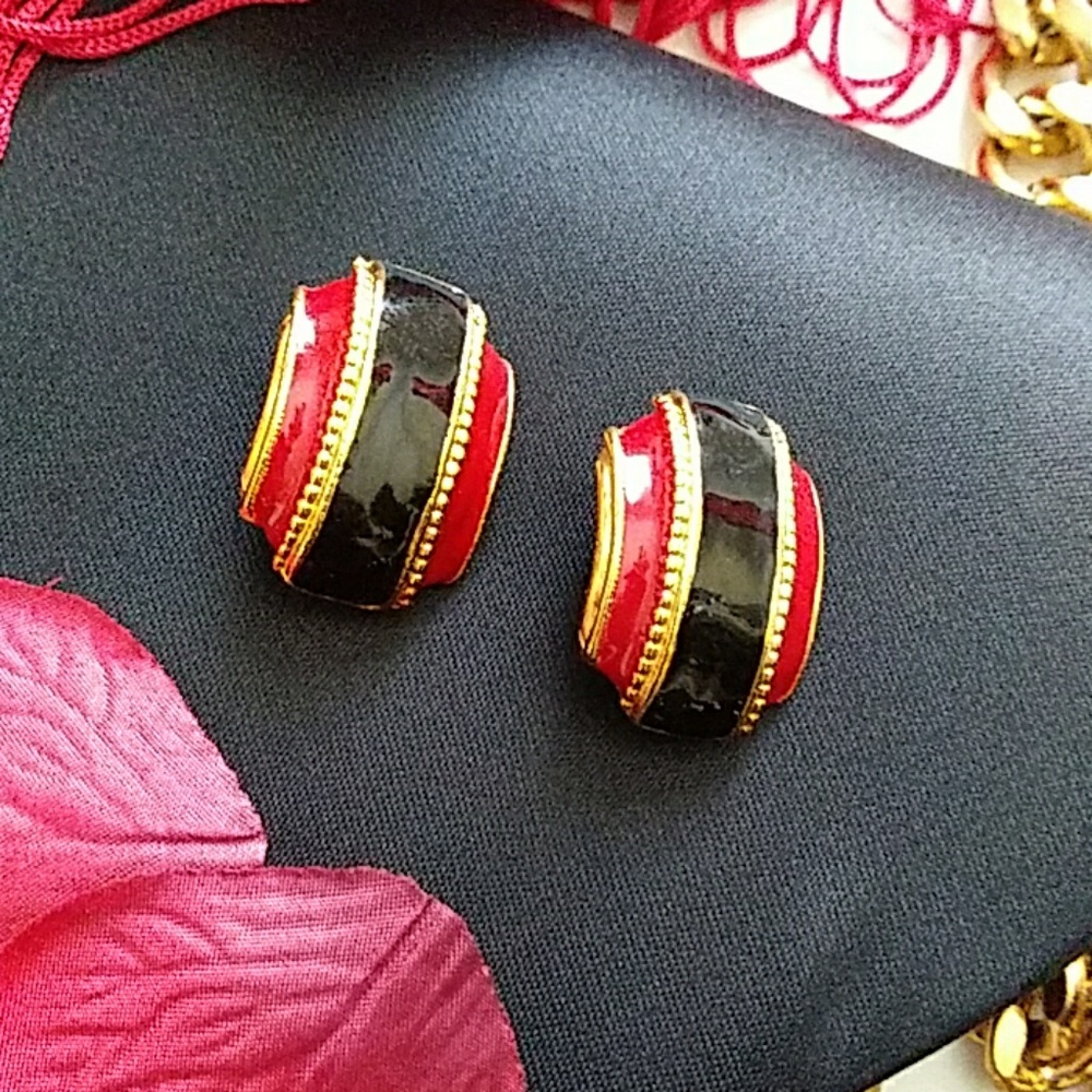 "ART DECO" VinTage 80S "RETRO" Statement Black Red Enamel Clip-On Earrings